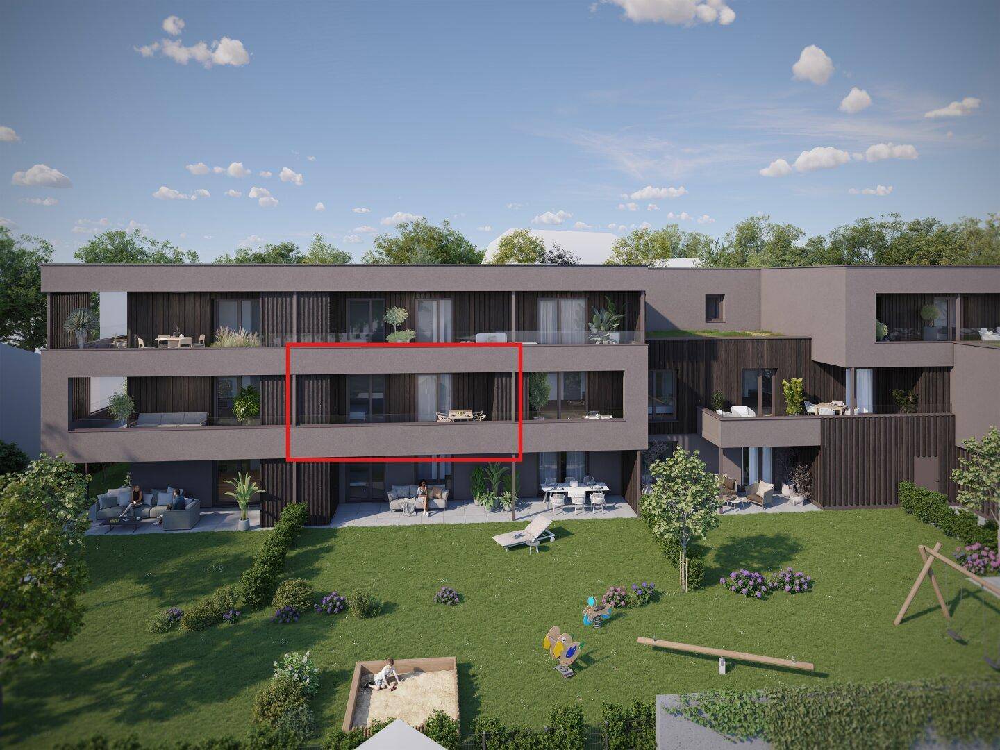 Rendering eines modernen Mehrfamilienhauses mit Balkonen, Terrassen und einem Gemeinschaftsgarten.