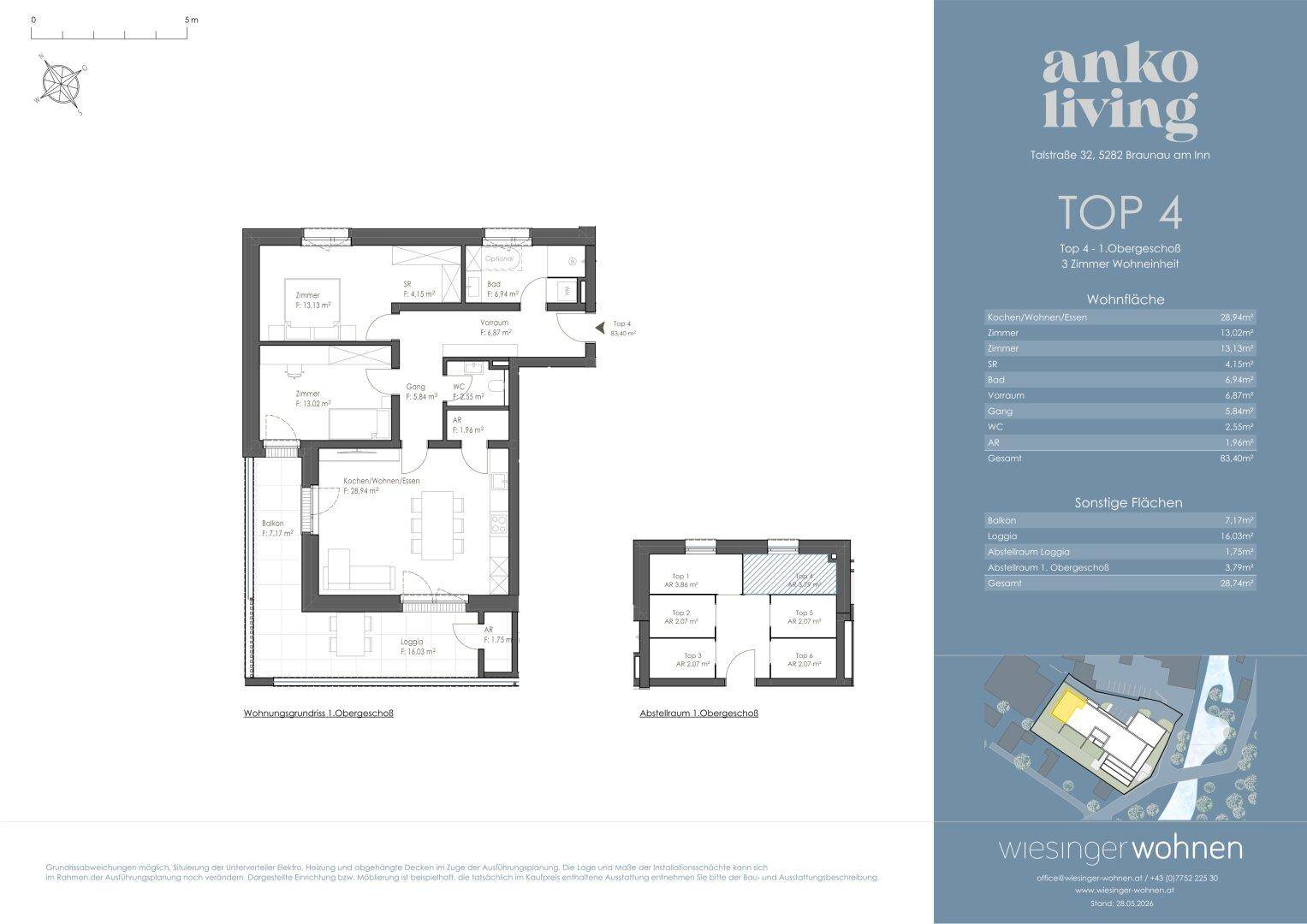 Grundriss der Wohnung Top 4 im Obergeschoss mit drei Zimmern und Wohnküche.