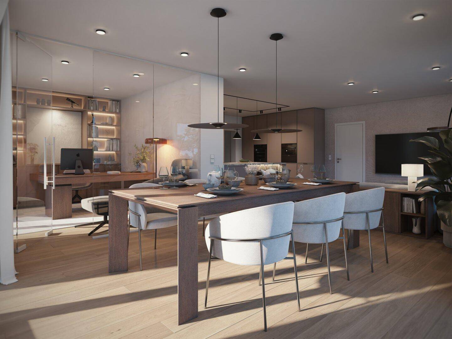 Eleganter Essbereich mit Holztisch, modernen Stühlen und angrenzendem Home-Office.