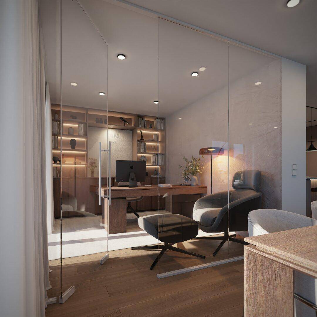 Modernes Home-Office mit Glaswänden, Schreibtisch und beleuchteten Regalen.