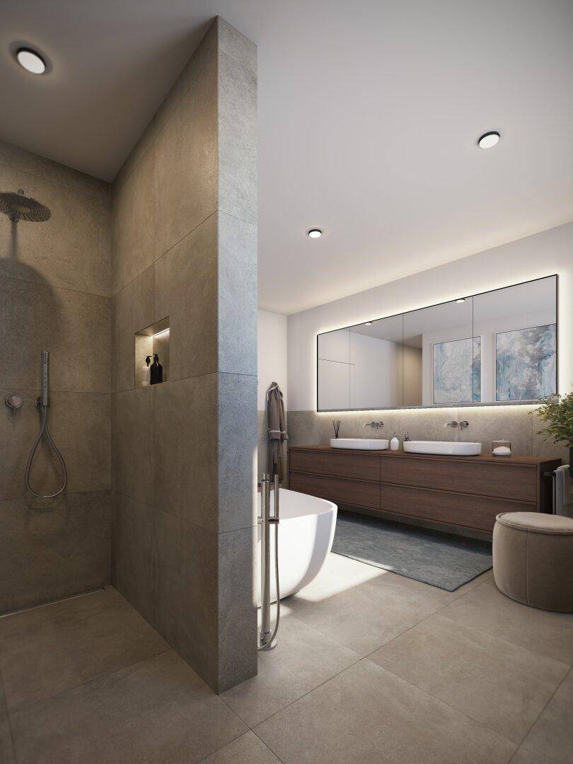 Modernes Badezimmer mit begehbarer Dusche, freistehender Badewanne und Doppelwaschbecken.