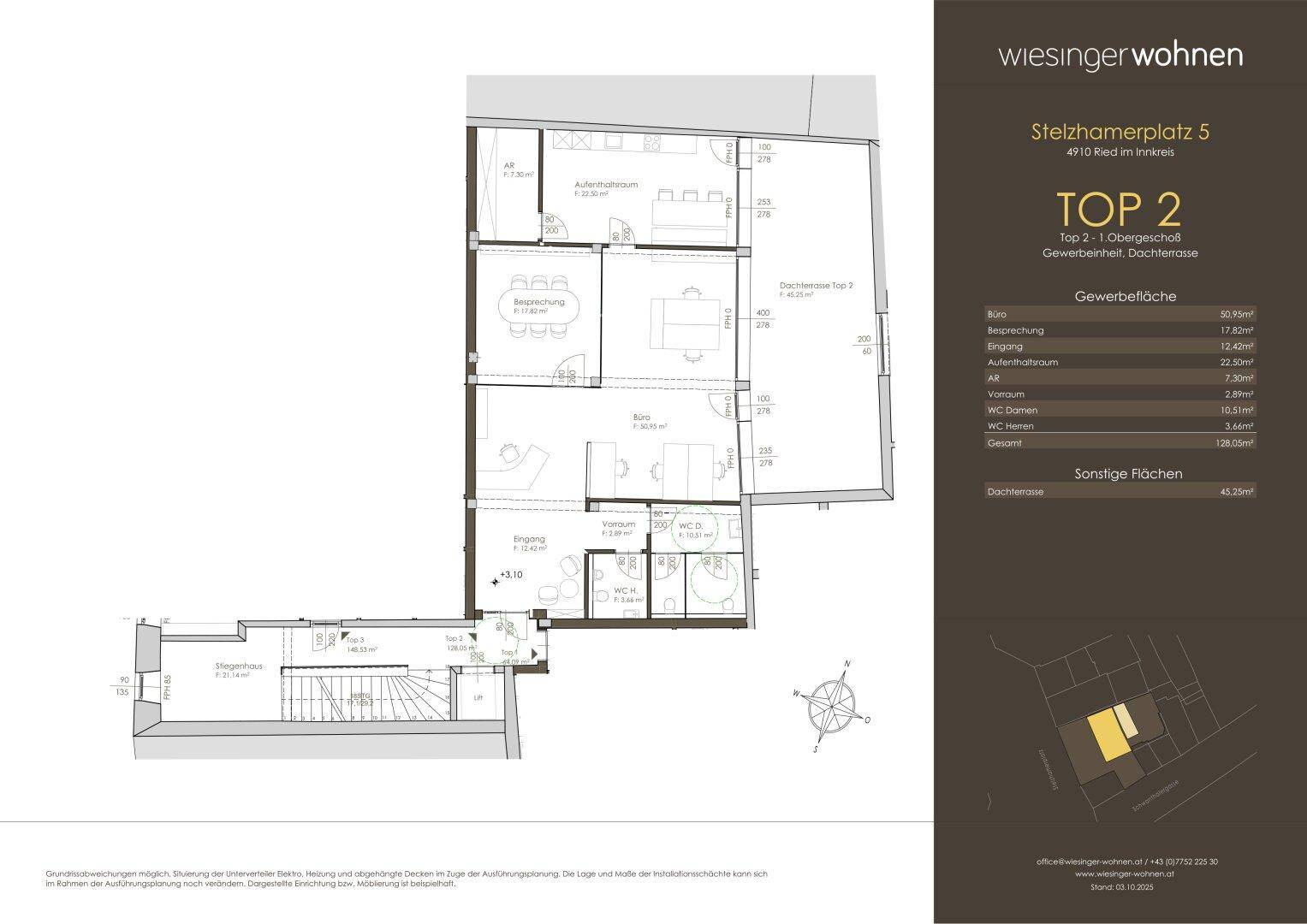 Grundriss der Gewerbeeinheit TOP 2 im ersten Obergeschoss mit Dachterrasse und Büroräumen.