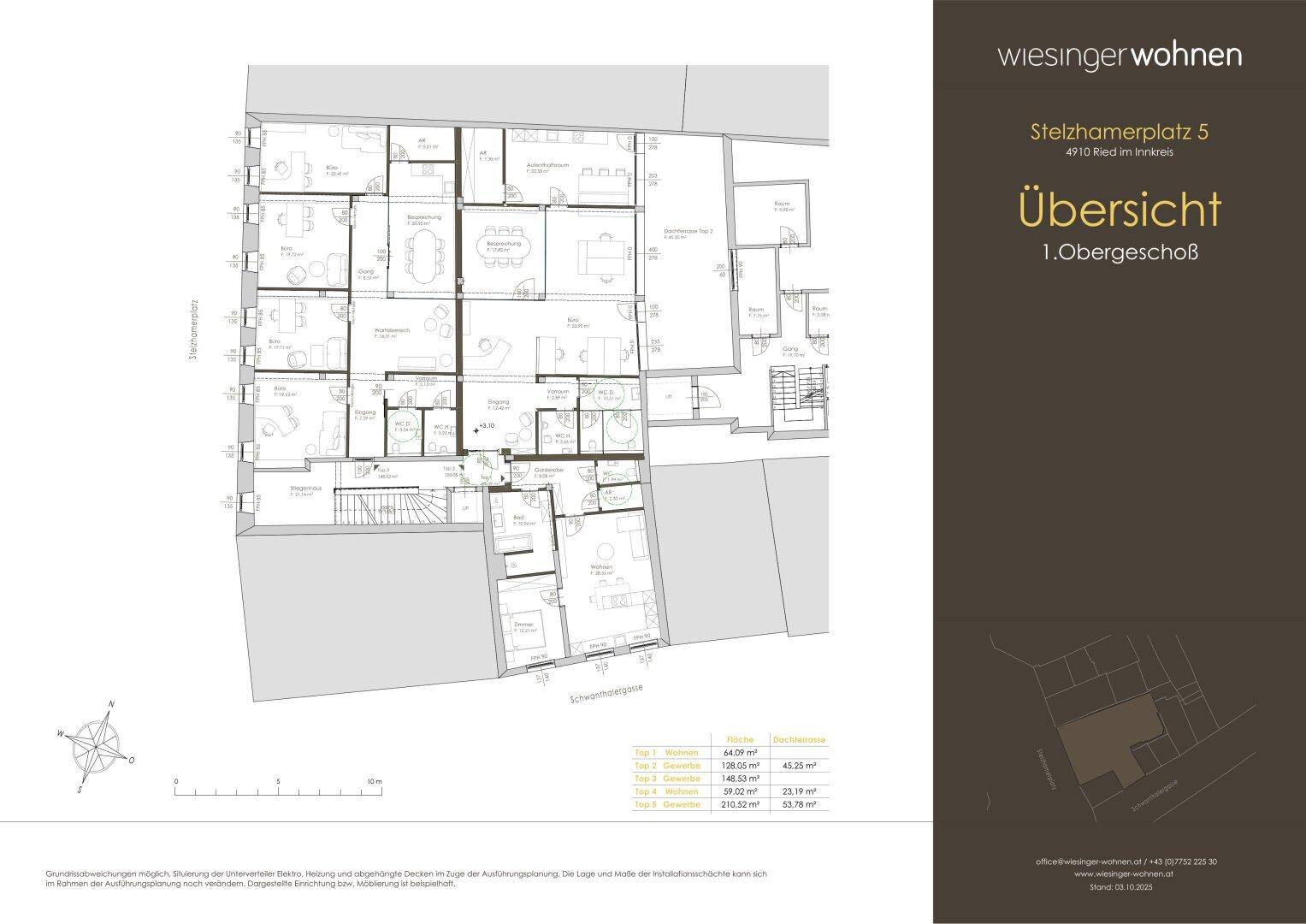 Grundriss des ersten Obergeschosses mit mehreren Wohneinheiten und Gewerbeflächen.