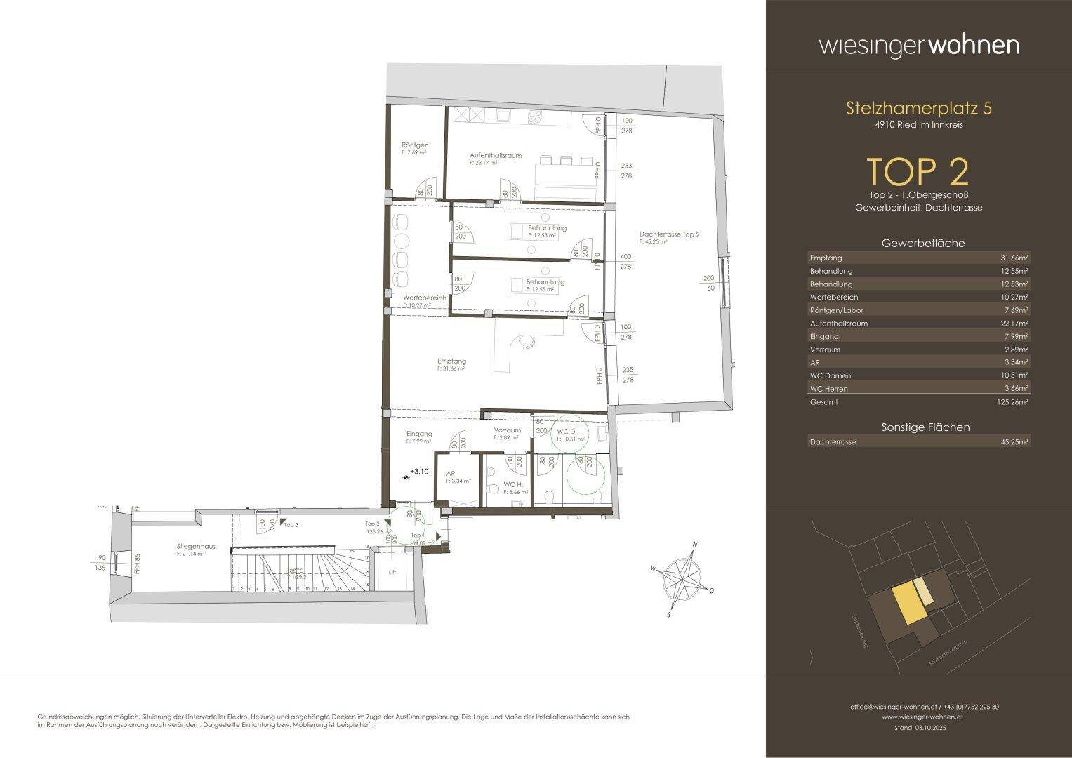 Grundriss der Gewerbeeinheit TOP 2 im ersten Obergeschoss mit Dachterrasse und Büroräumen.