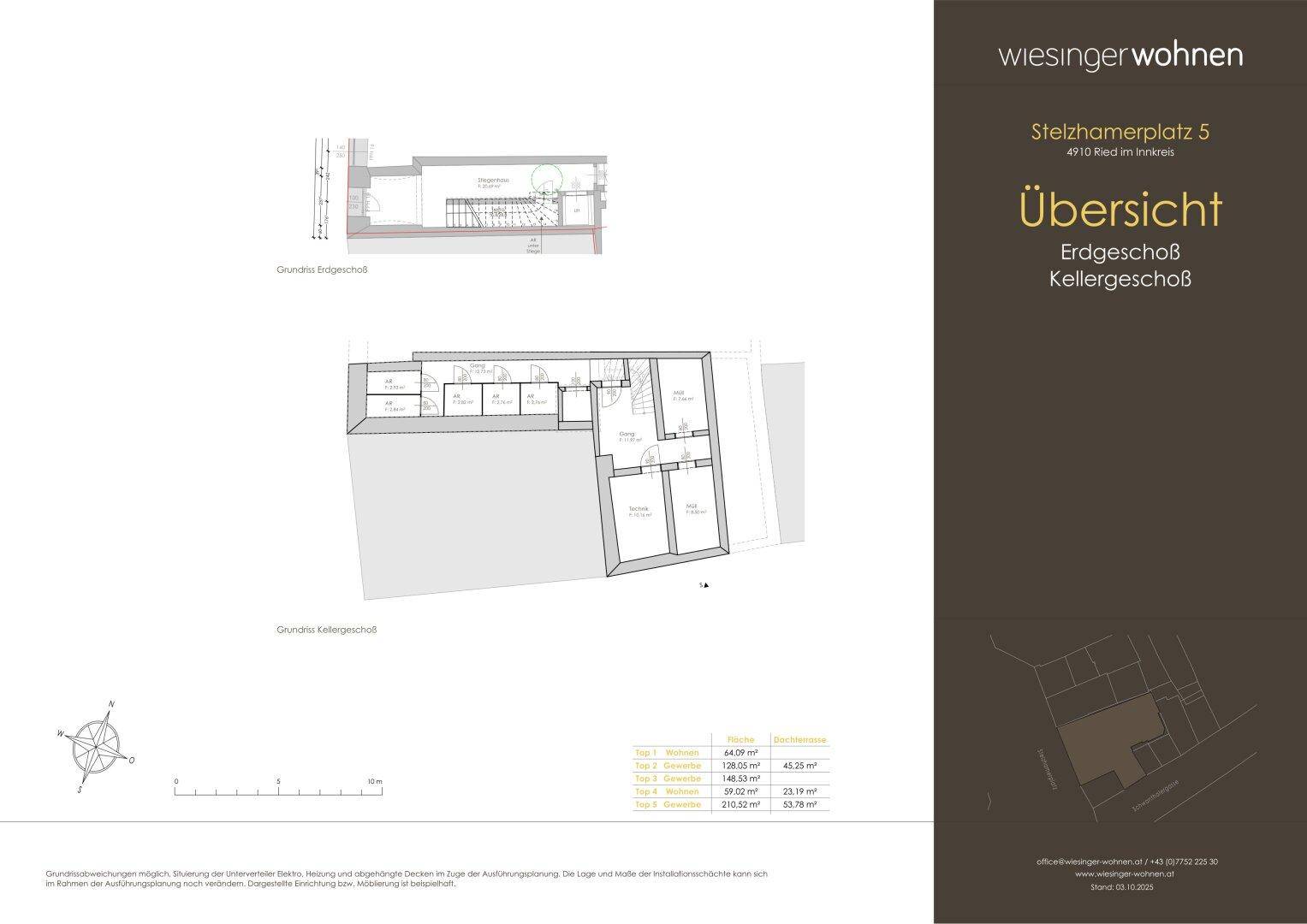 Grundriss des Erdgeschosses und Kellergeschosses mit verschiedenen Räumen und Zugängen.