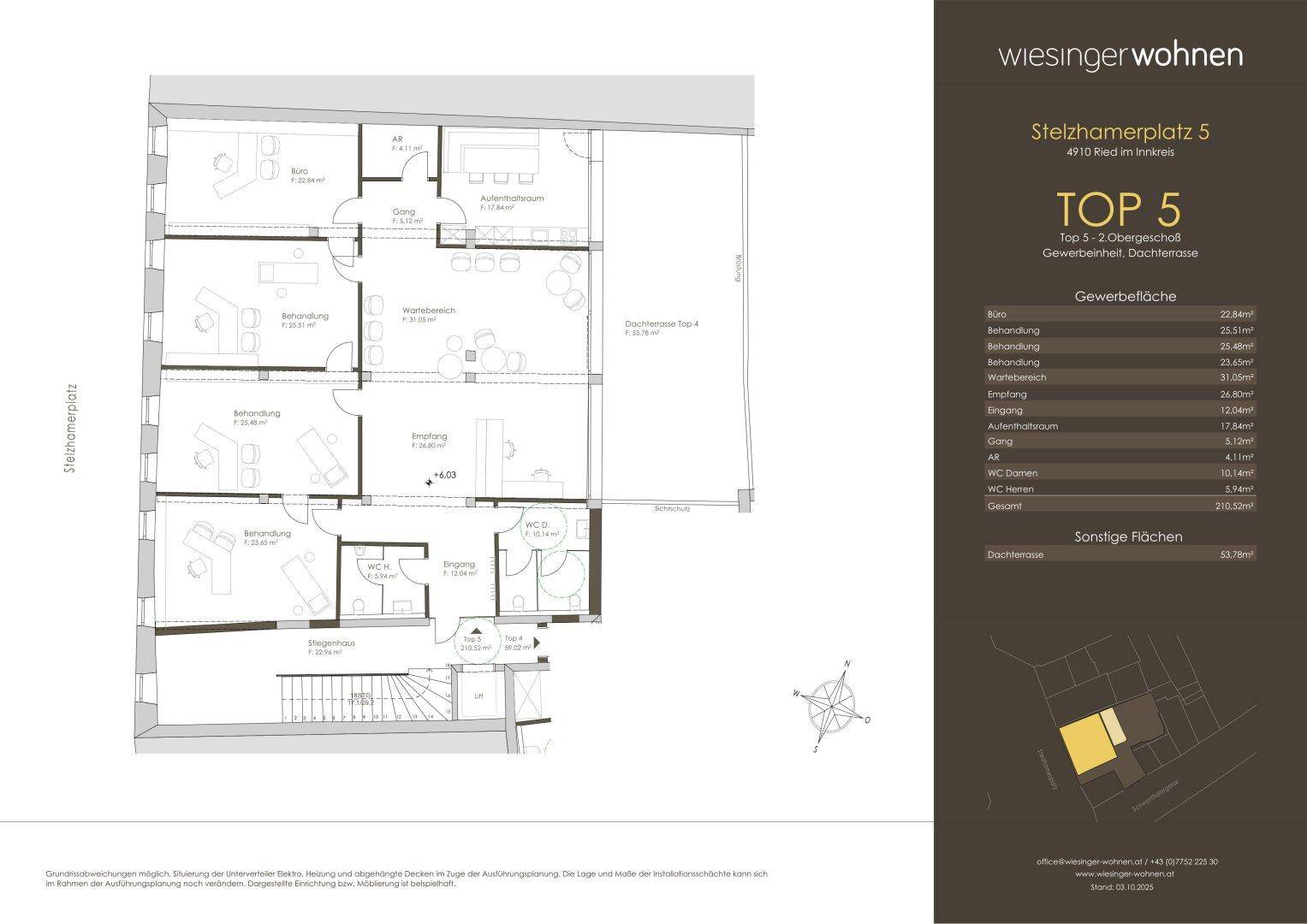 Grundriss der Gewerbeeinheit TOP 5 im zweiten Obergeschoss mit Dachterrasse und Büroräumen.
