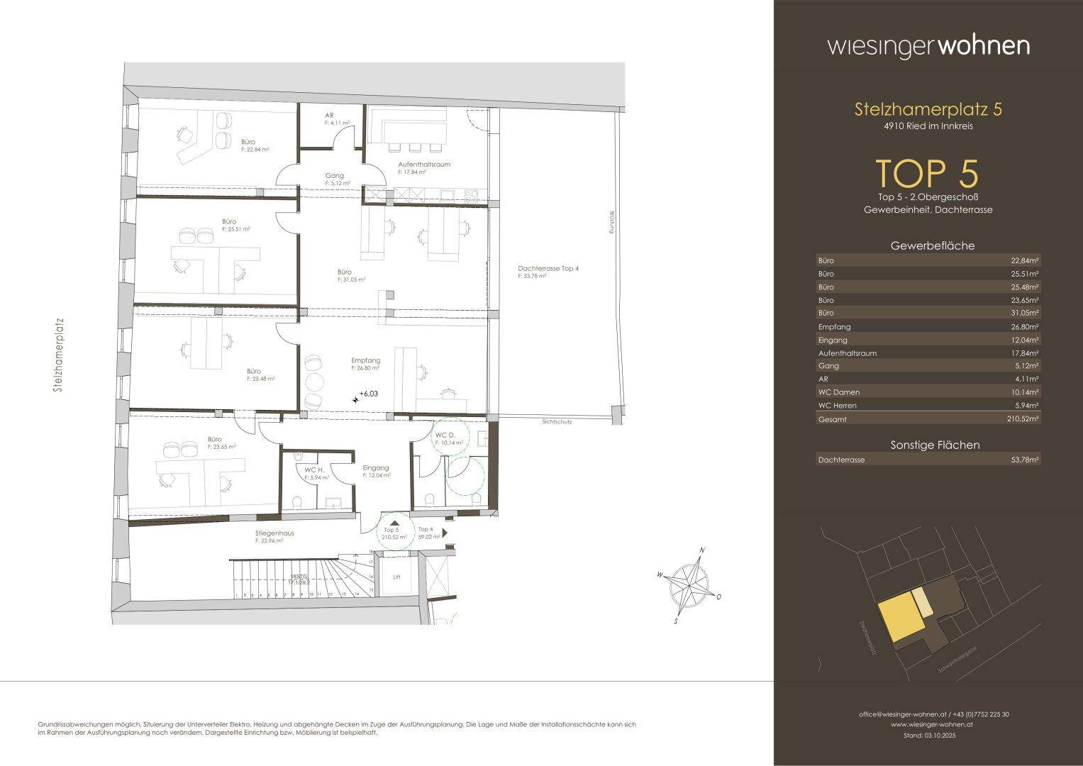 Grundriss der Gewerbeeinheit TOP 5 im zweiten Obergeschoss mit Dachterrasse und Büroräumen.