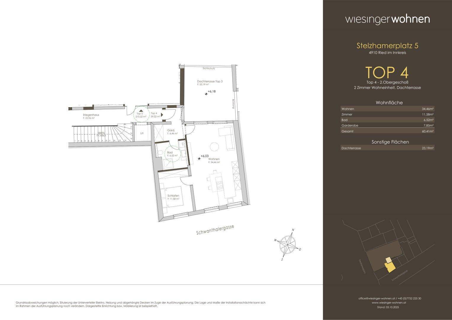 Grundriss der Wohneinheit TOP 4 im zweiten Obergeschoss mit Dachterrasse und Wohnbereichen.