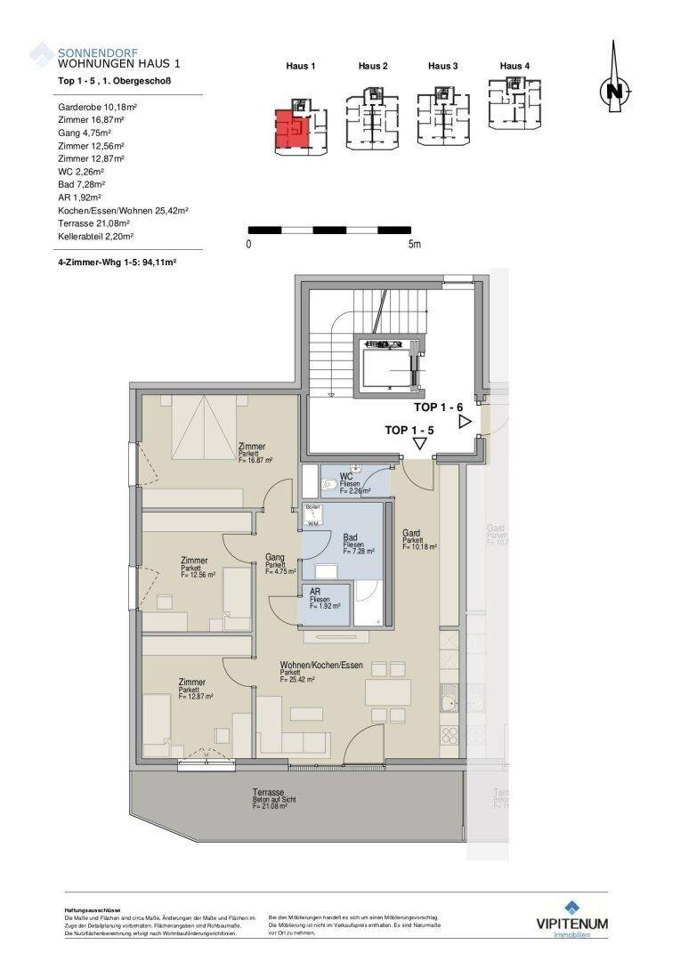 Grundriss einer Wohnung im ersten Obergeschoss mit offenem Wohn-Essbereich und Terrasse.