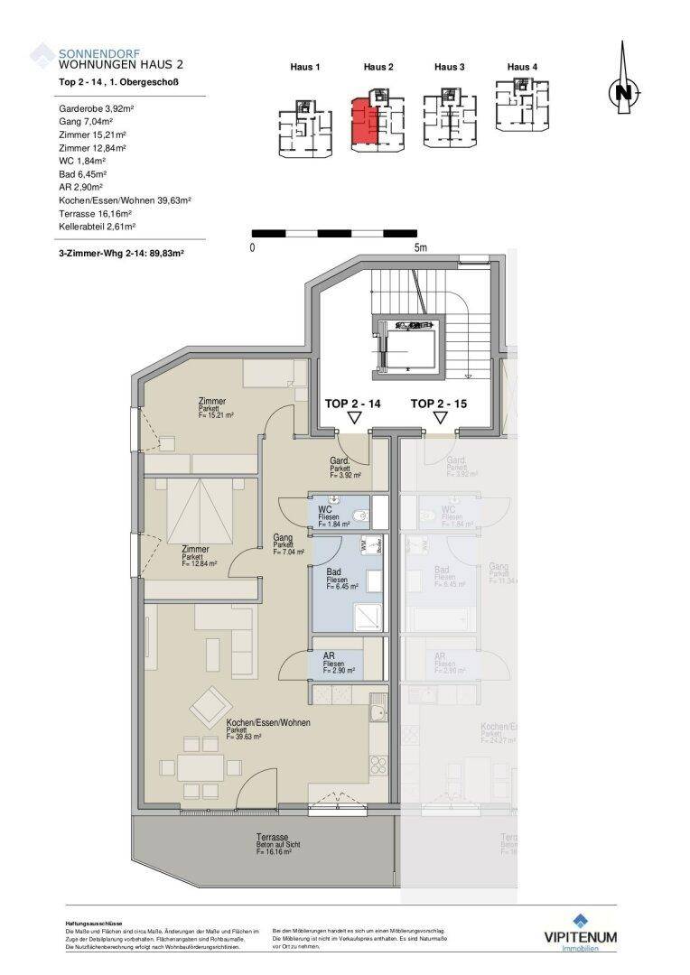 Grundriss einer 3-Zimmer-Wohnung im ersten Obergeschoss mit offener Küche und Terrasse.