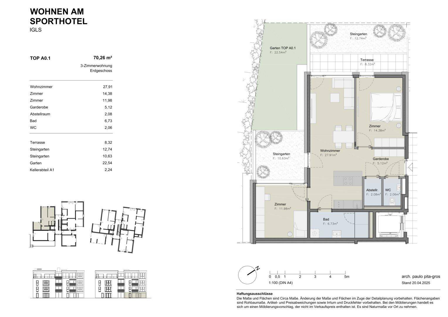 Grundriss einer 3-Zimmer-Wohnung mit Terrasse, Garten und detaillierter Raumaufteilung.