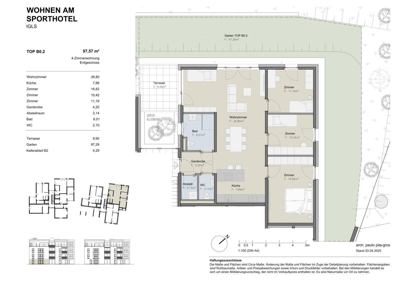 Grundriss einer 4-Zimmer-Wohnung mit offenem Wohnbereich, großer Terrasse und privatem Gartenanteil.