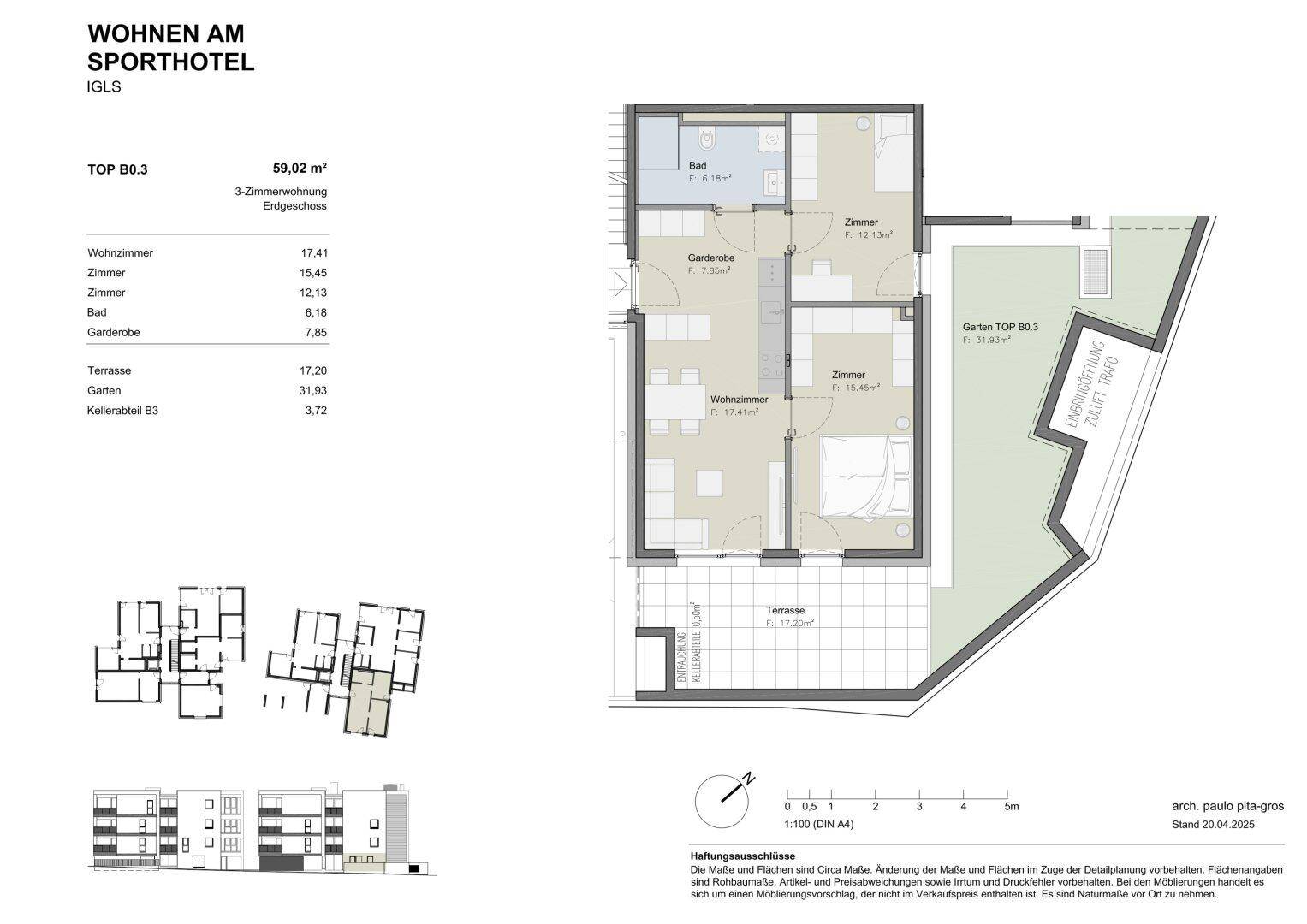 Grundriss einer 3-Zimmer-Wohnung im Erdgeschoss mit Terrasse und Gartenanteil.