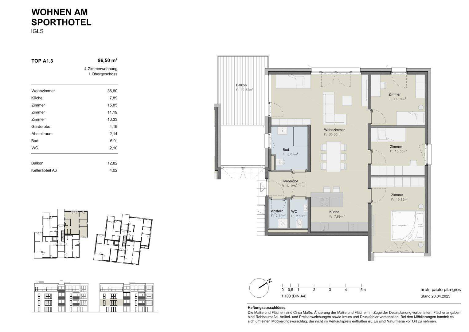 Grundrissplan einer 4-Zimmer-Wohnung mit Balkon und separatem WC.