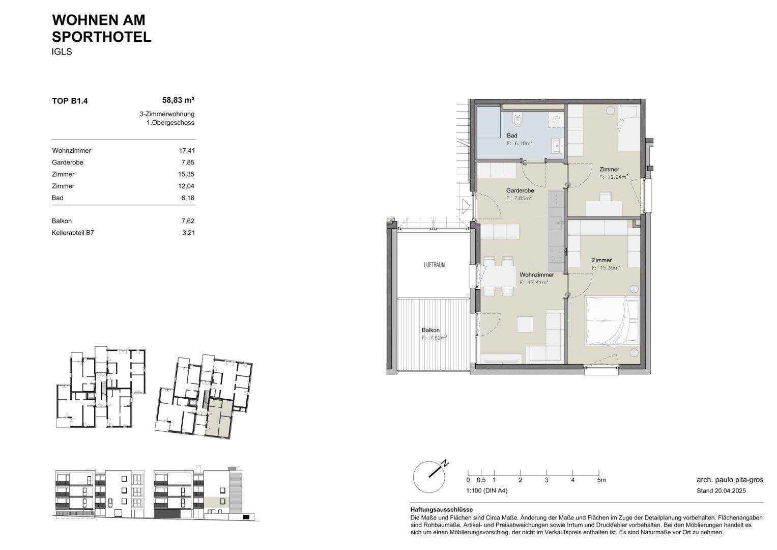 Grundriss der Wohnung TOP B1.4 mit 58,83 m² Wohnfläche und Balkon.