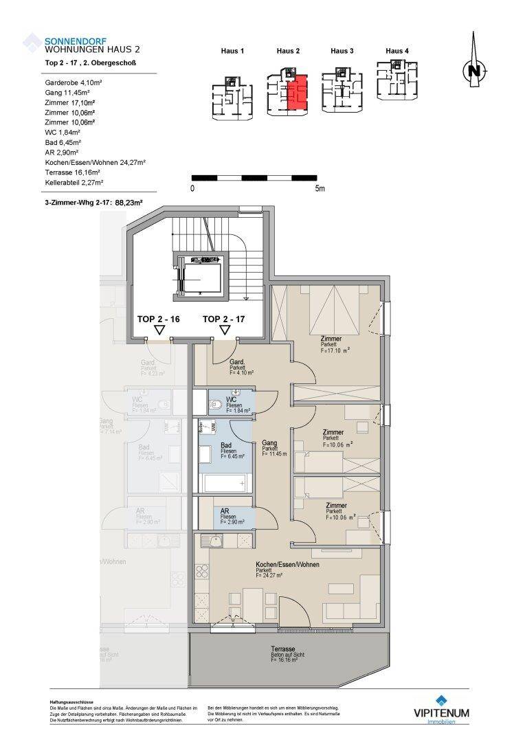 Grundriss einer 3-Zimmer-Wohnung im zweiten Obergeschoss mit Terrasse und offenem Wohnbereich.