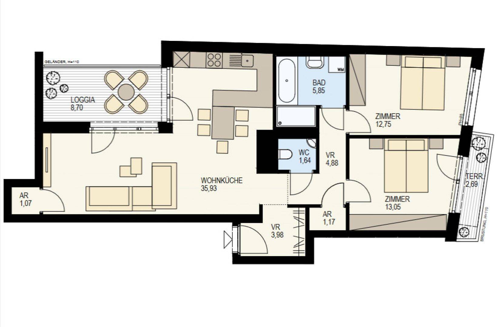 Grundriss einer Wohnung mit Loggia, Terrasse, offener Wohnküche und zwei Schlafzimmern.