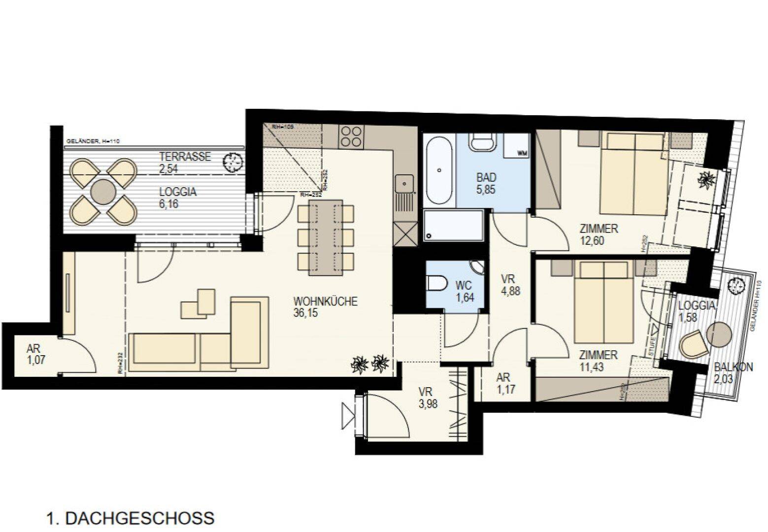 Grundriss des 1. Dachgeschosses mit offener Wohnküche, Terrasse, Loggia und zwei Schlafzimmern.