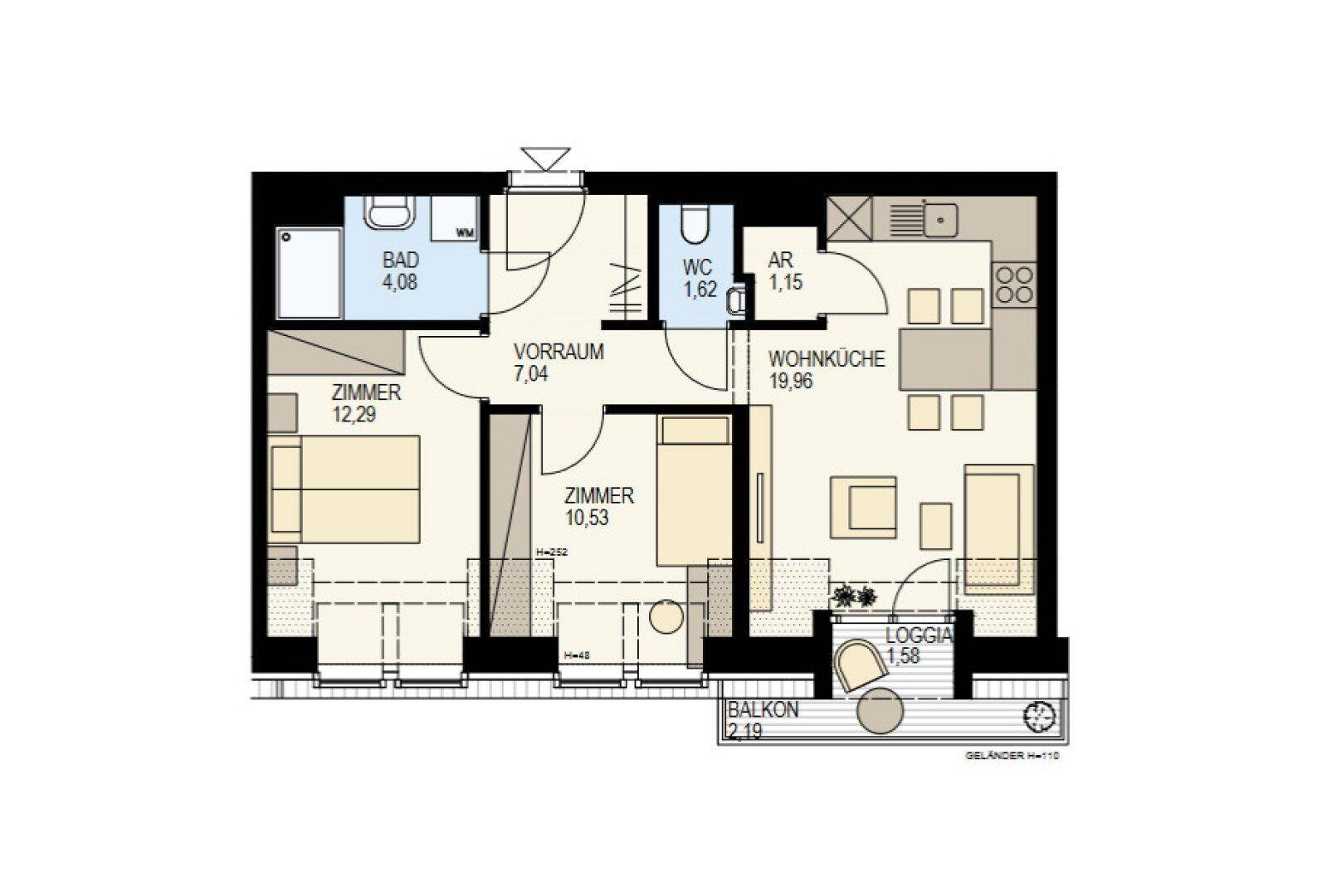 Grundriss einer Wohnung mit zwei Zimmern, Wohnküche, Bad, WC, Balkon und Loggia.