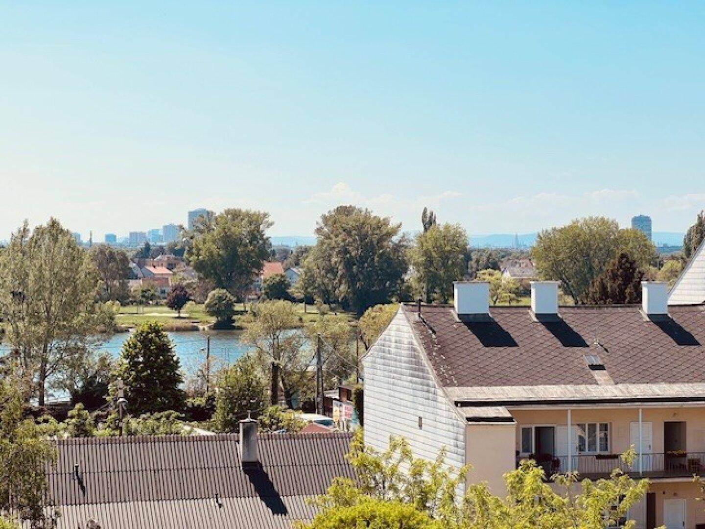 Panoramablick über eine Wohngegend mit See im Hintergrund und städtischer Skyline am Horizont.