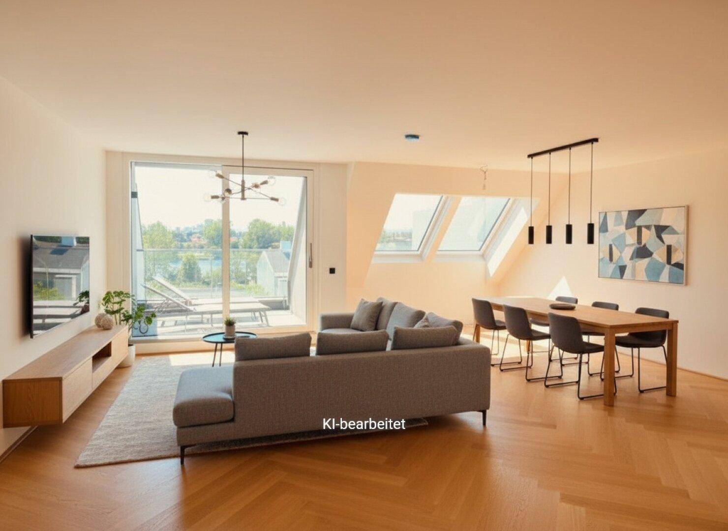 Heller Wohn- und Essbereich mit modernem Design, Holzboden und Zugang zum Balkon sowie Dachfenstern.