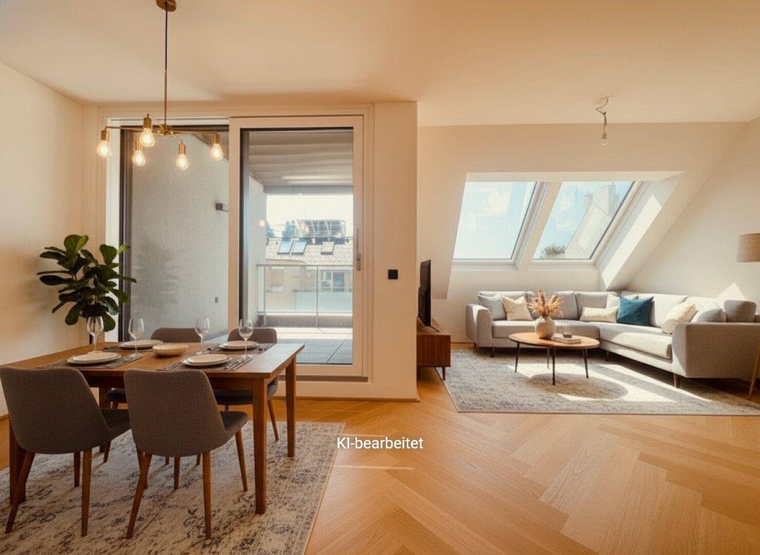 Geräumiger Wohn-Essbereich mit stilvollem Holzboden, viel Tageslicht durch große Fenster und Balkonzugang.
