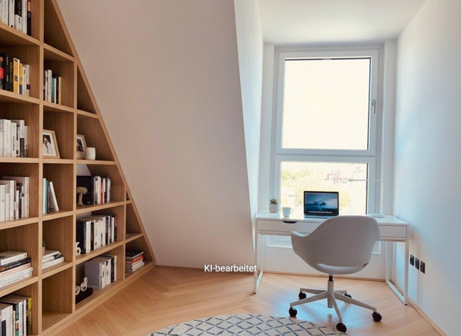 Helles Arbeitszimmer mit maßgefertigtem Bücherregal, großem Fenster und elegantem Holzboden.