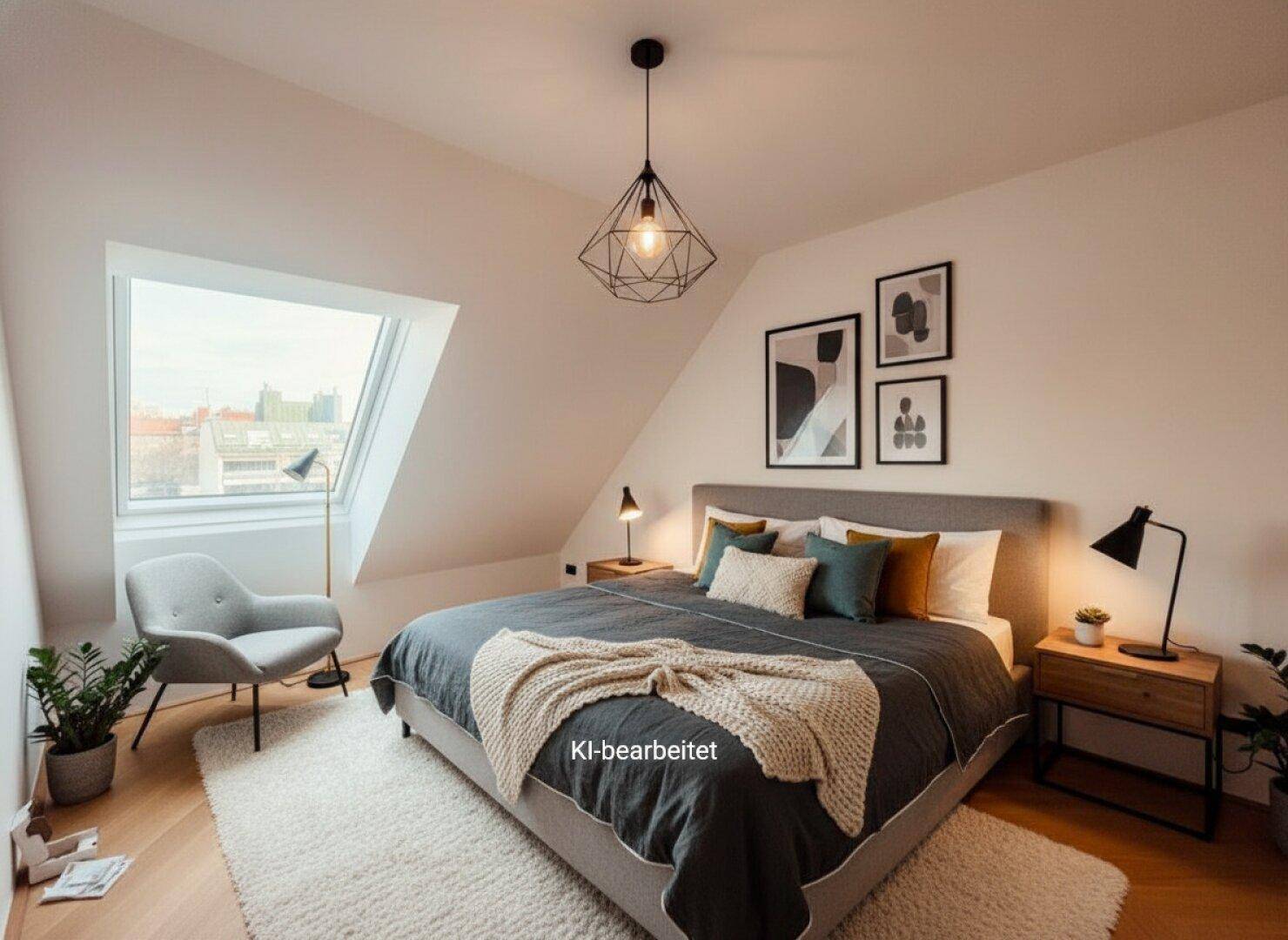 Gemütliches Schlafzimmer mit Dachschräge, großem Dachfenster und modernem Holzboden mit Teppich.