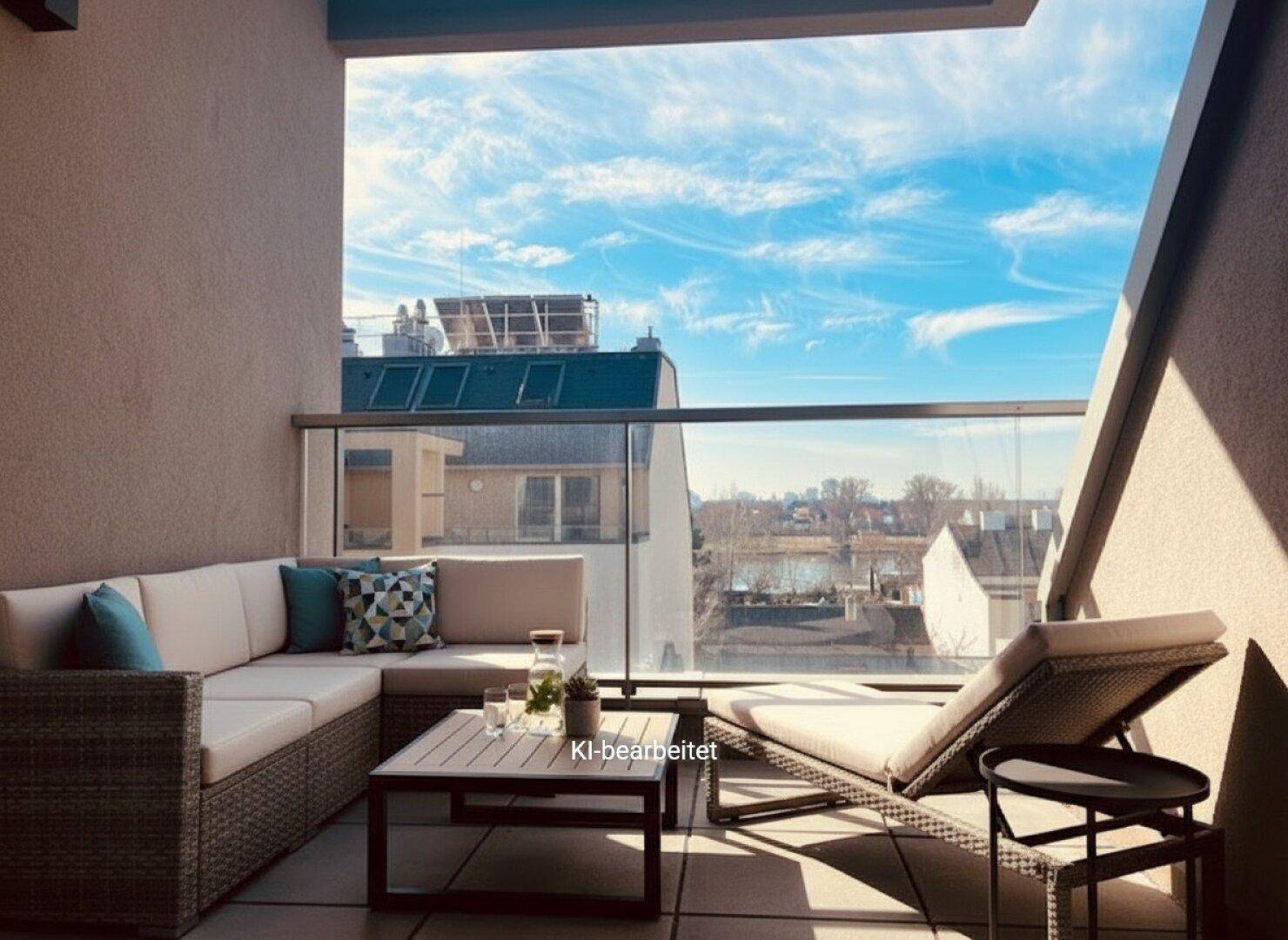 Großer Balkon mit bequemen Loungemöbeln, Glasgeländer und weitem Blick über die Dächer der Stadt.