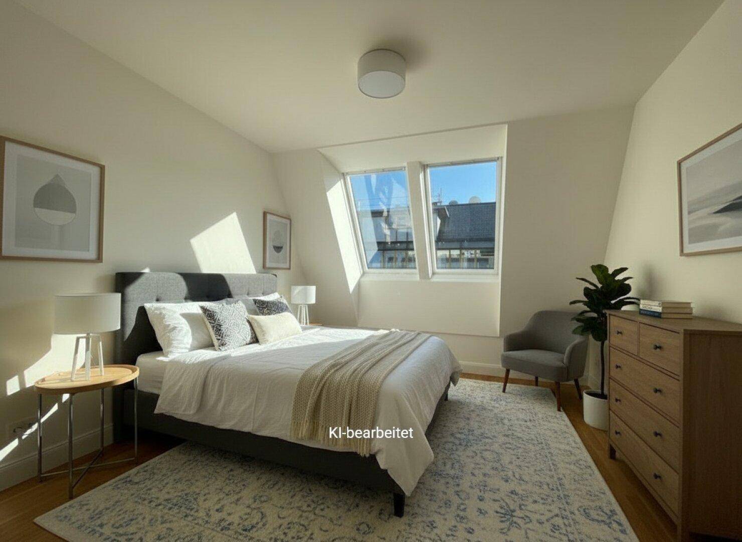 Helles Schlafzimmer mit Holzboden, Doppelbett und schrägen Dachfenstern für viel Tageslicht.