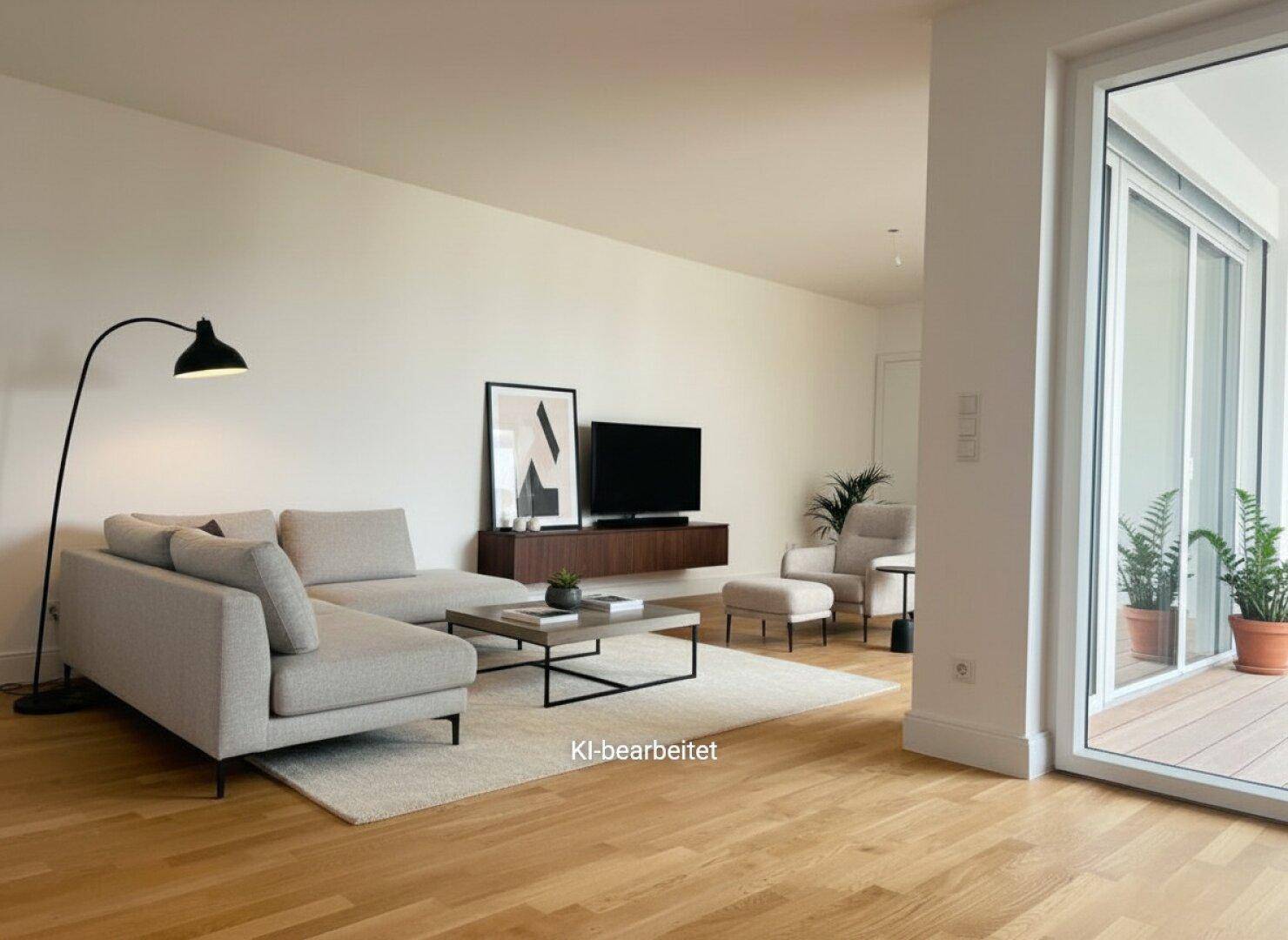 Helles Wohnzimmer mit modernem Sofa, Fernseher und direktem Zugang zu einem sonnigen Balkon.