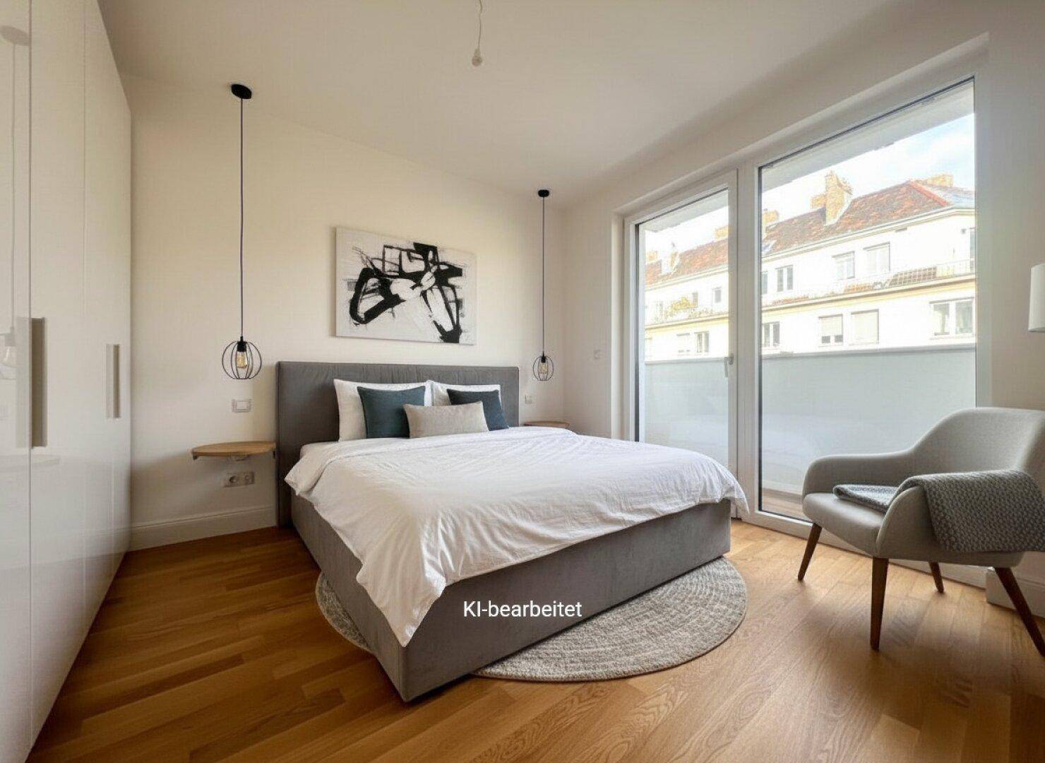 Modernes Schlafzimmer mit Doppelbett, Holzboden und großen Fenstern, die viel Tageslicht hereinlassen.