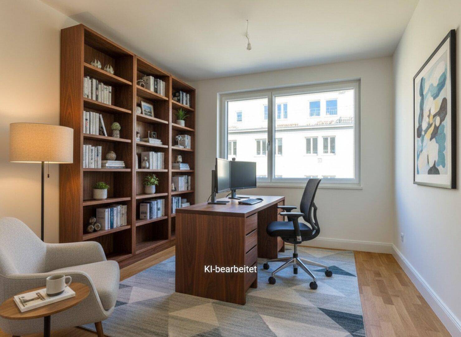 Modern eingerichtetes Arbeitszimmer mit großem Schreibtisch, Bücherregal und Teppichboden.