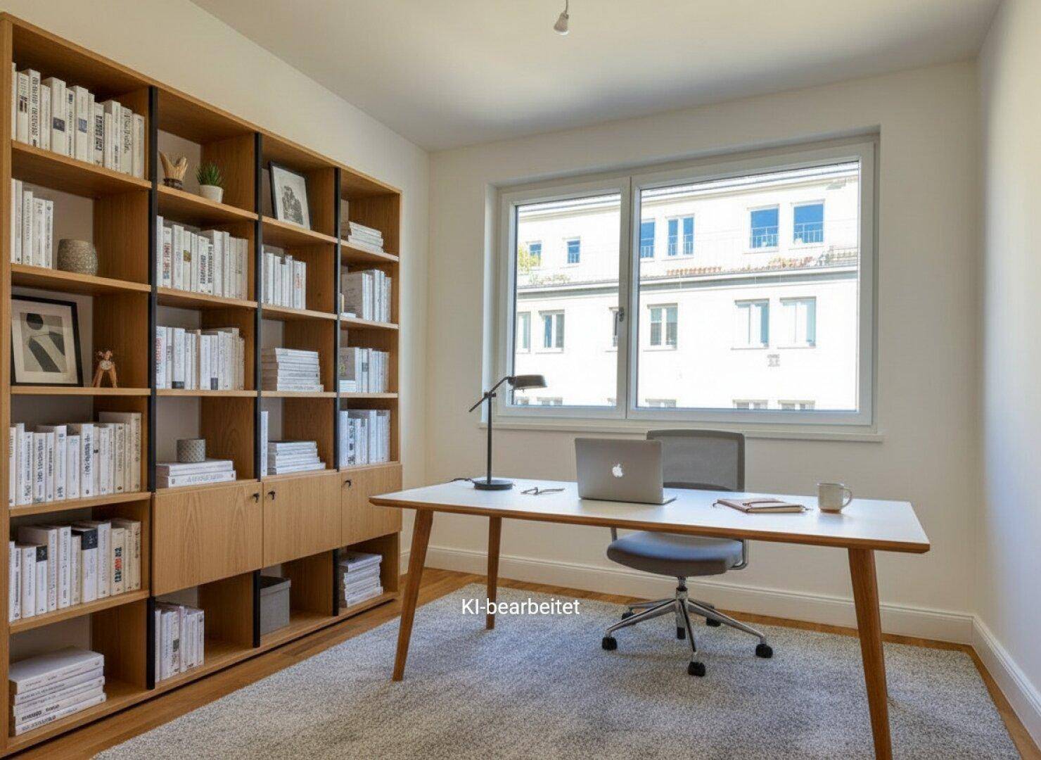 Helles Arbeitszimmer mit großem Bücherregal, Schreibtisch und Blick auf die Stadt.