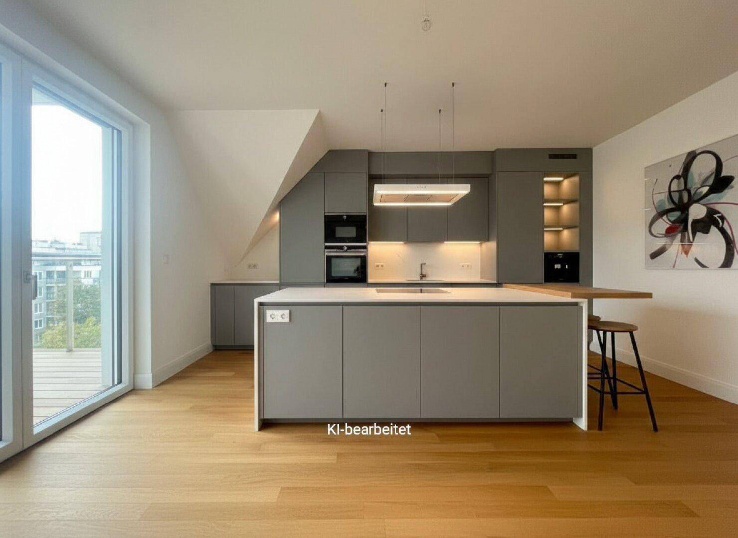 Moderne Küche mit grauen Schränken, Kochinsel und integrierten Geräten unter einer Dachschräge.