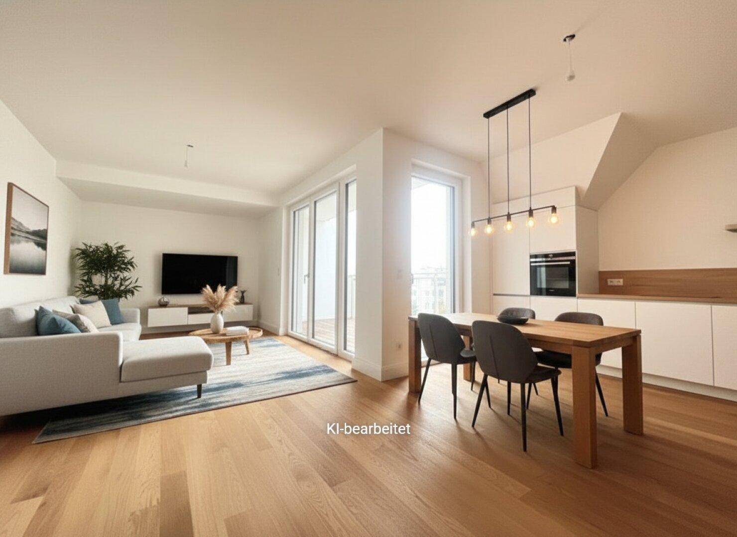 Offener Wohn- und Essbereich mit Holzboden, Zugang zum Balkon und moderner, heller Einrichtung.