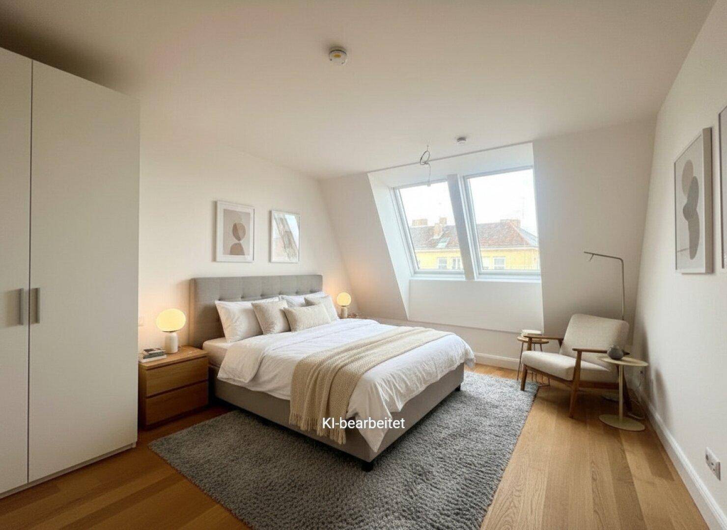 Helles Schlafzimmer mit Dachfenstern, Holzboden und großem Kleiderschrank, ideal für viel Tageslicht.
