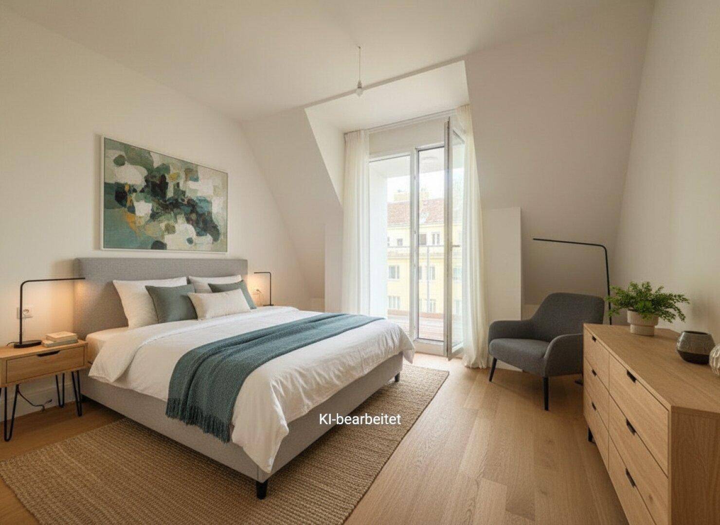 Gemütliches Schlafzimmer mit Holzboden, Dachschräge und Zugang zu einem französischen Balkon mit Stadtblick.