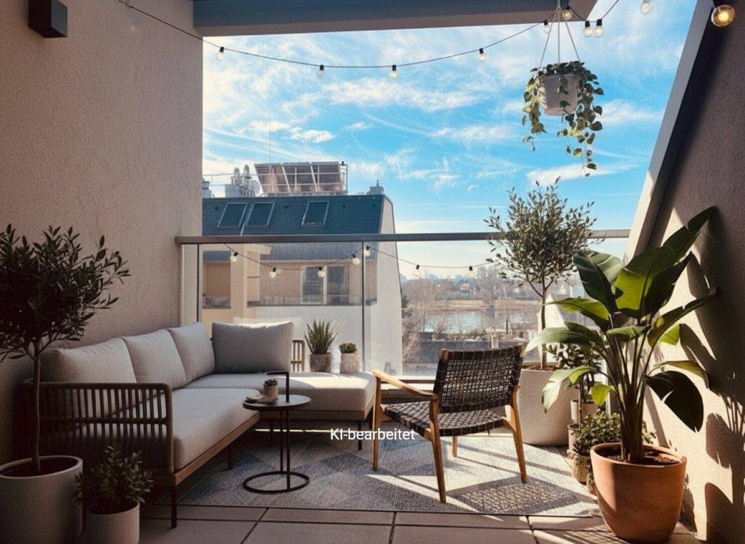 Einladender Balkon mit bequemen Möbeln, Pflanzen und stimmungsvoller Beleuchtung für entspannte Abende.