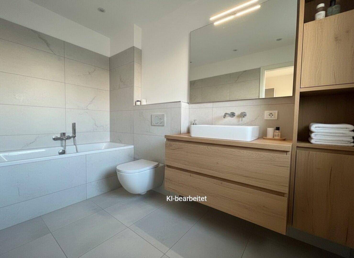 Modernisiertes Badezimmer mit hellgrauen Fliesen, schwebendem Waschtisch und Badewanne.