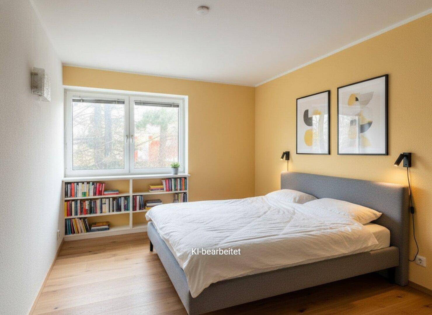 Modernisiertes Schlafzimmer mit hellem Holzboden, gelben Wänden und integriertem Bücherregal.