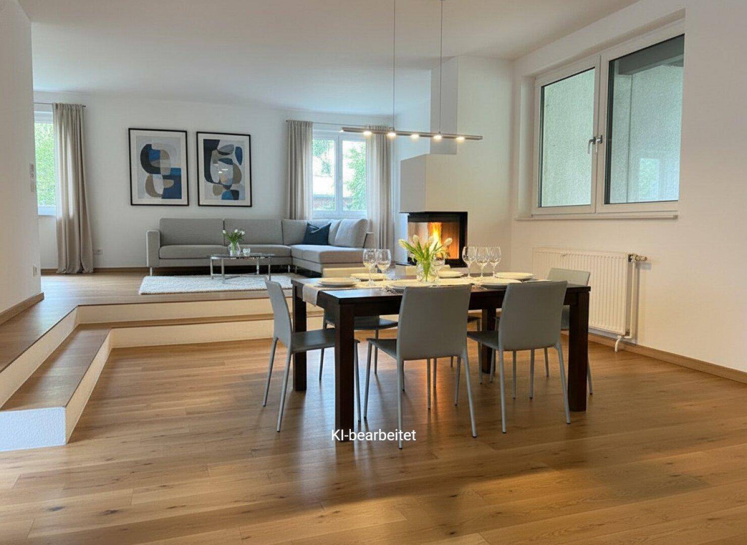 Heller Wohn-Essbereich mit modernem Kamin, Holzboden und stilvoller Einrichtung.