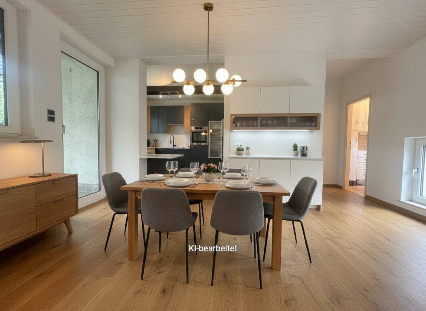 Stilvoller Essbereich mit Holzboden und offener Küche, ergänzt durch moderne Beleuchtung.