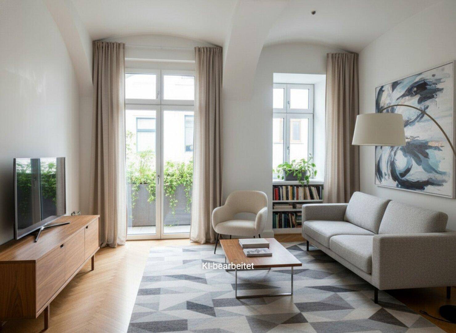 Gemütliches Wohnzimmer mit modernem Mobiliar, Fischgrätparkett und Zugang zu einem Balkon.