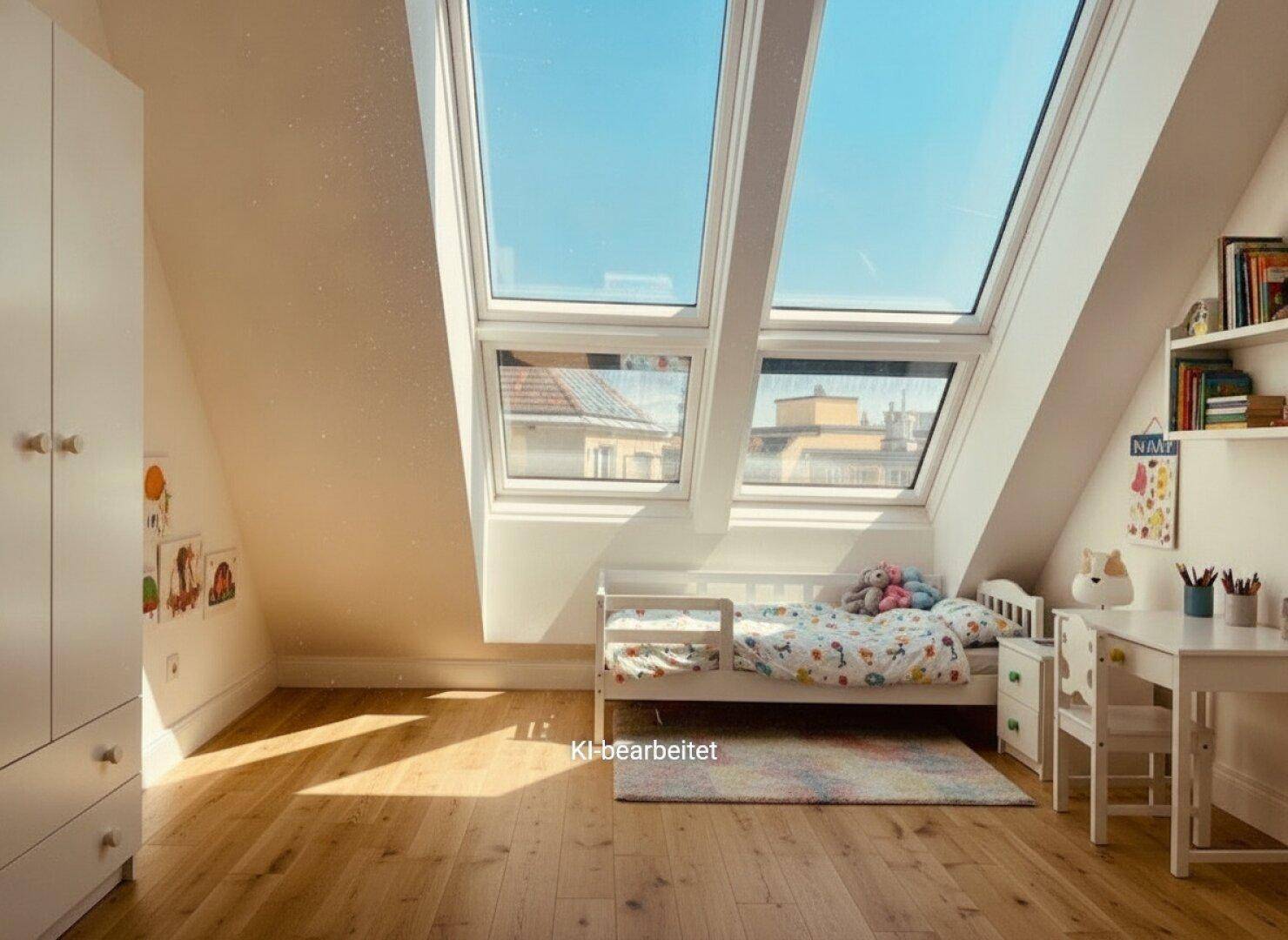 Helles Kinderzimmer im Dachgeschoss mit Bett, Schreibtisch und Schrank unter den sonnigen Dachfenstern.