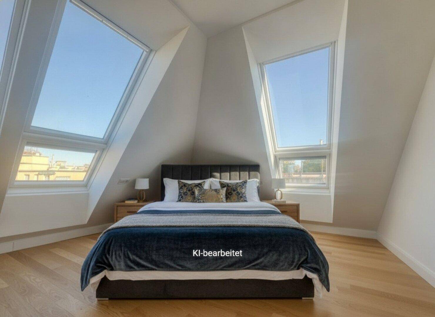 Elegantes Schlafzimmer im Dachgeschoss mit großem Bett, Nachttischen und viel Tageslicht durch die Dachfenster.