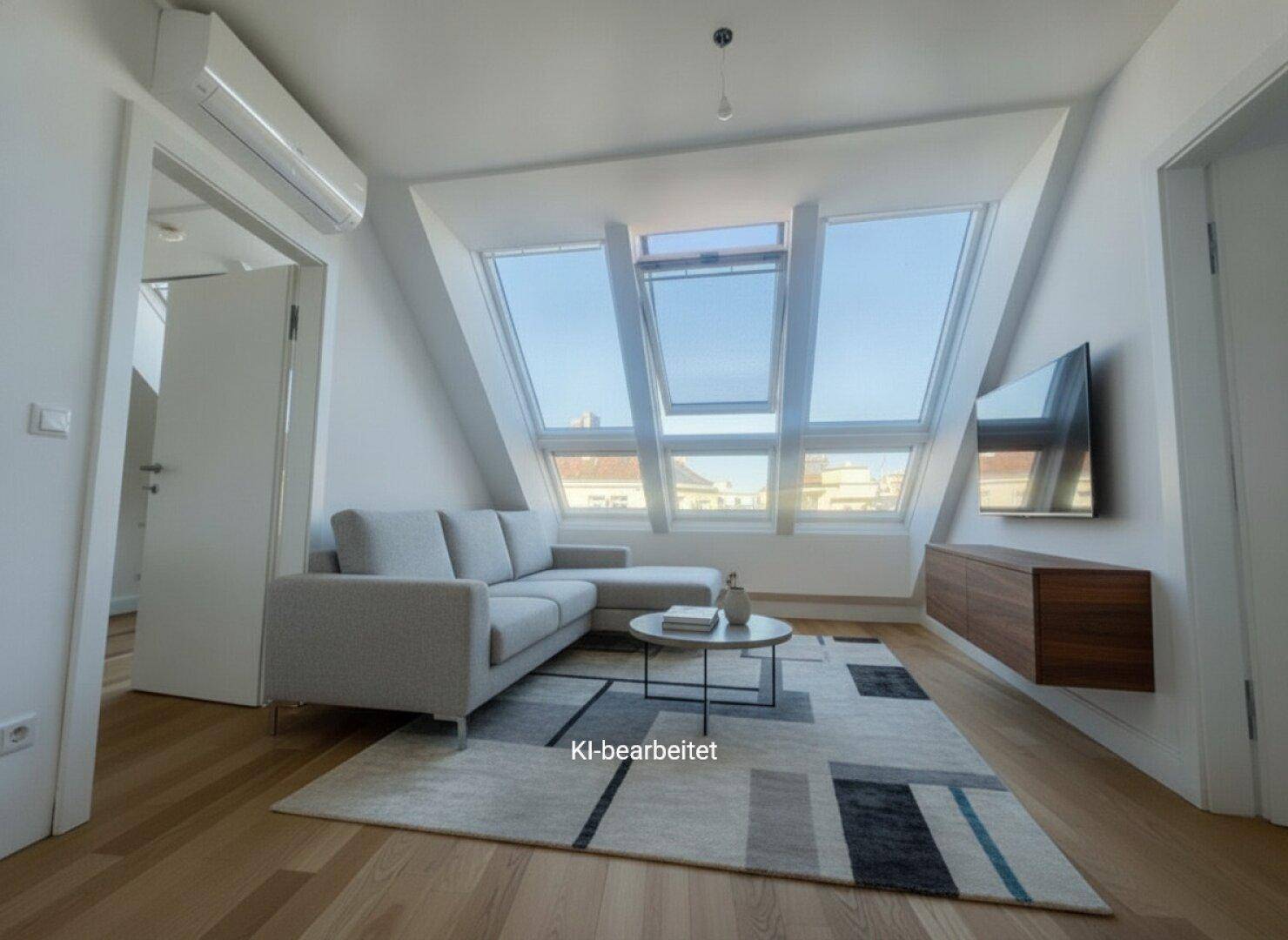Gemütliches Dachgeschoss-Wohnzimmer mit Sofa, Teppich und Fernseher unter den großen Dachfenstern.