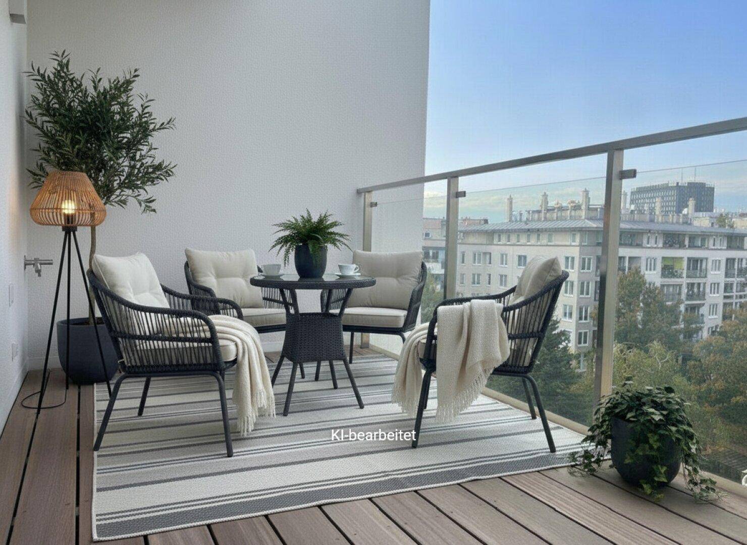 Möblierter Balkon mit Holzboden, Glasgeländer und Blick auf die Stadt, ideal für entspannte Stunden.