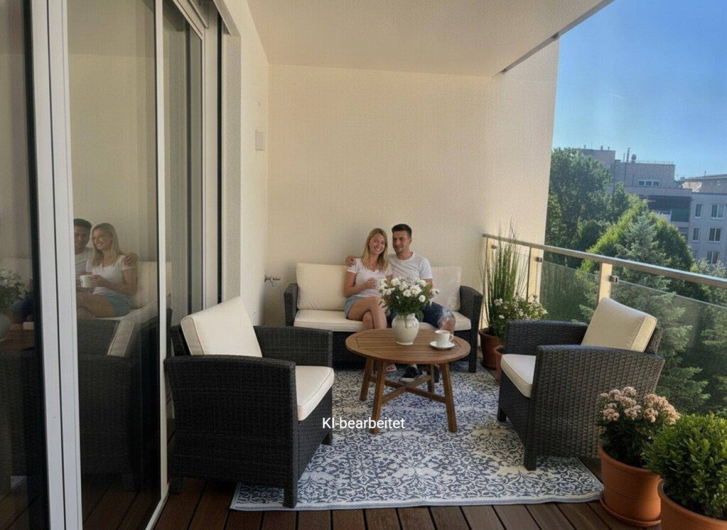 Gemütlicher Balkon mit Sofa, Sesseln und Blick ins Grüne, ideal für gesellige Momente im Freien.