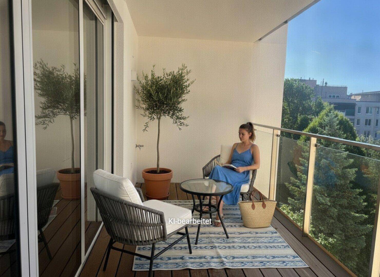 Sonniger Balkon mit bequemen Sitzgelegenheiten, Olivenbaum und grüner Aussicht, perfekt zum Lesen.